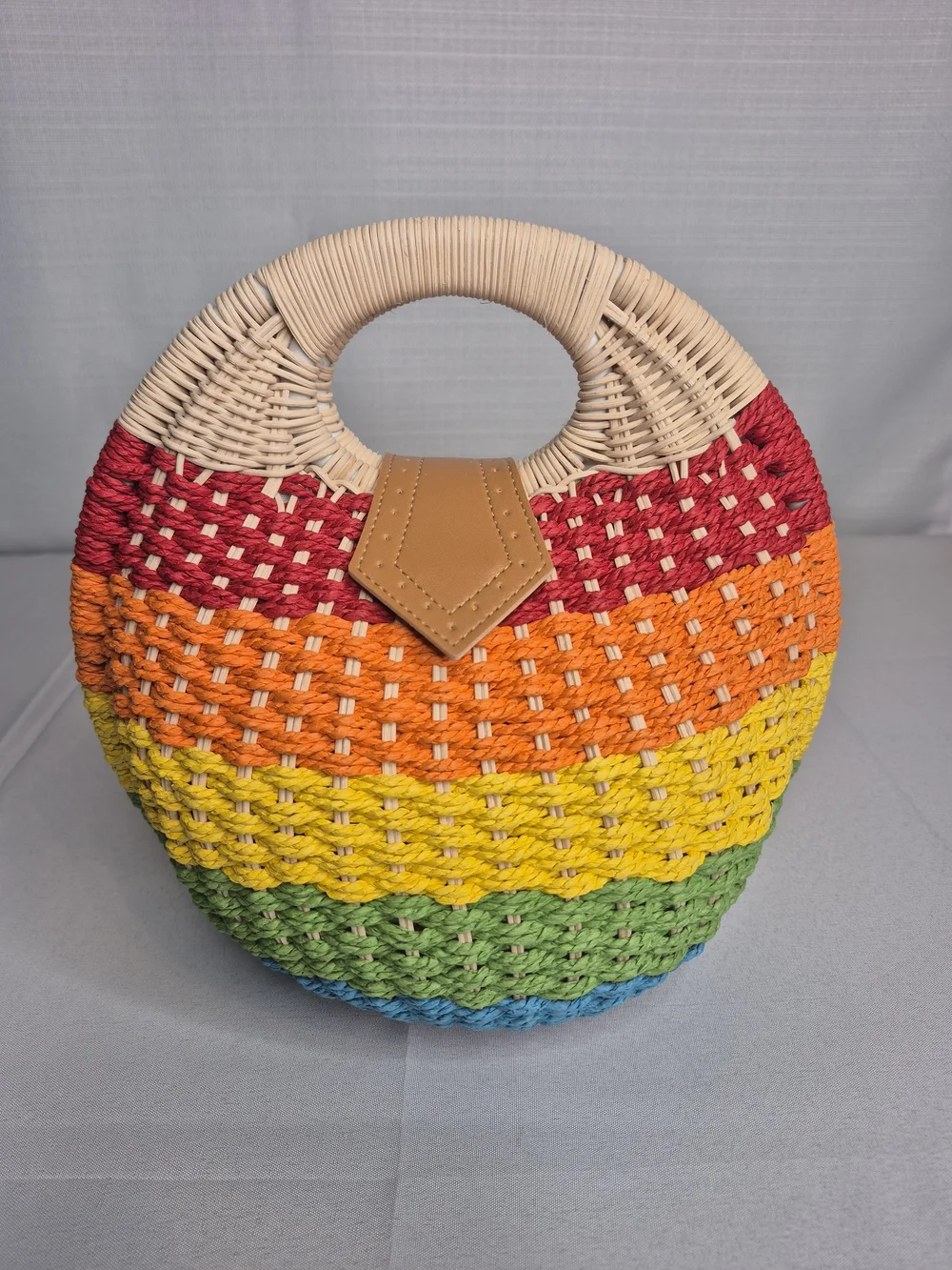 Rainbow Woven Round Tote Bag with Tan Accent NWT